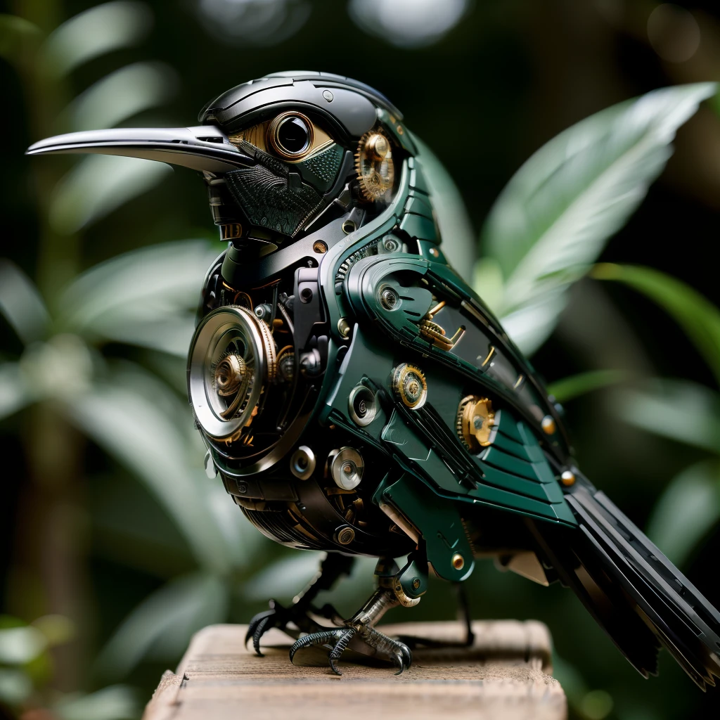 ((Obra de arte)), ((melhor qualidade)), 8K, altamente detalhado, ultra-detalhado, A (preto:1.3) pássaro mecânico, selva