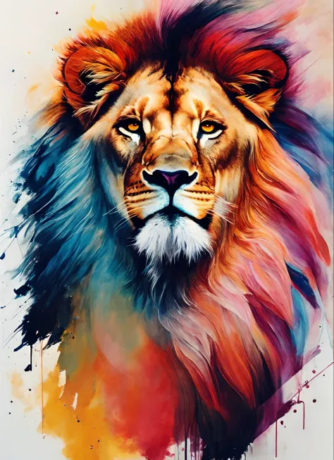 A Lion by Agnes Cecile, com jubas grandes, olhar intenso, design luminoso, pastels colors, pingos de tinta, luzes de outono