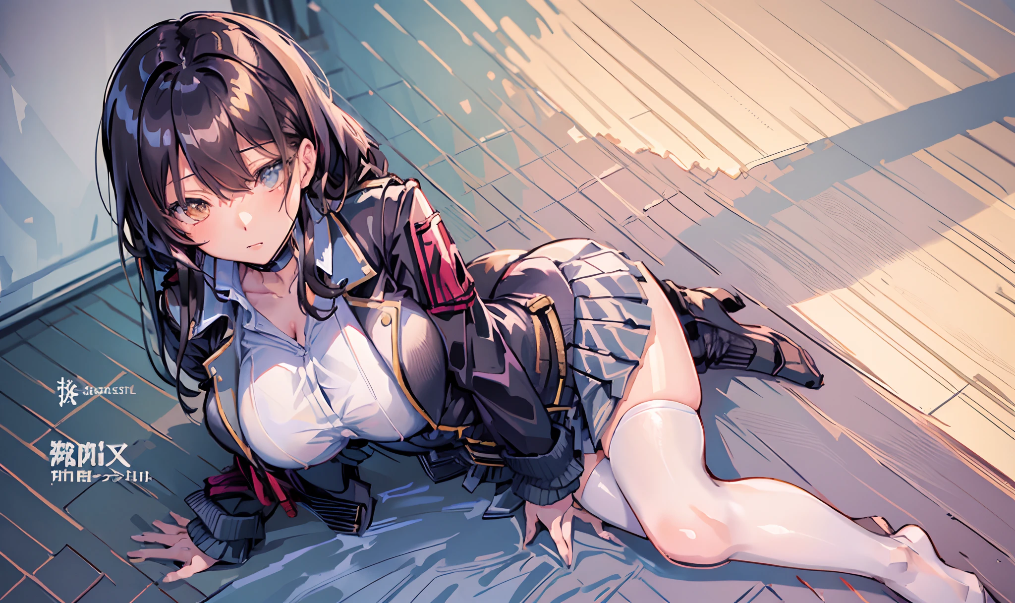 a masterpiece of,(perfect anatomia:1.4), best qualtiy, high_resolution, Fine details, highly detailed and beautiful, Distinct_image, (solo women), ,(huge-breasted), thighhigh,Long Black Hair,Anime girl in short skirt and jacket with jacket on shoulder, Fine details. girls' frontline, girls frontline style, from girls frontline, girls frontline cg, anime full body illustration, Realistic Schoolgirl, marin kitagawa fanart, girls frontline universe, girls' frontline, a hyperrealistic schoolgirl, full-body xianxia