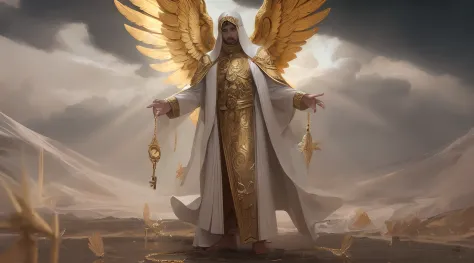 There is a man with a golden robe and a golden angel with a large chain in one hand and a large golden key in the other hand, Ar...