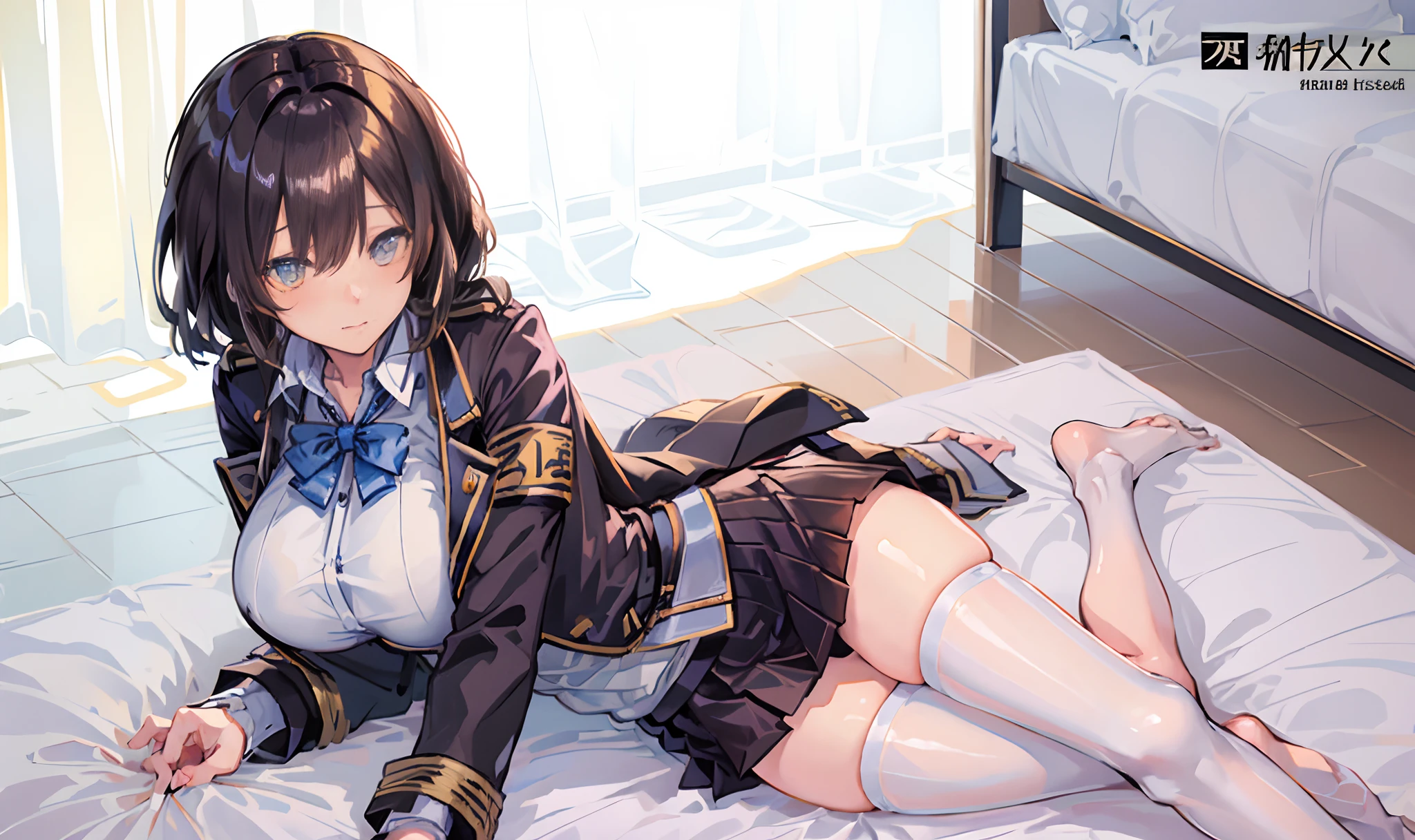 a masterpiece of,(perfect anatomia:1.4), best qualtiy, high_resolution, Fine details, highly detailed and beautiful, Distinct_image, (solo women), ,(huge-breasted), thighhigh,Long Black Hair,Anime girl in short skirt and jacket with jacket on shoulder, Fine details. girls' frontline, girls frontline style, from girls frontline, girls frontline cg, anime full body illustration, Realistic Schoolgirl, marin kitagawa fanart, girls frontline universe, girls' frontline, a hyperrealistic schoolgirl, full-body xianxia