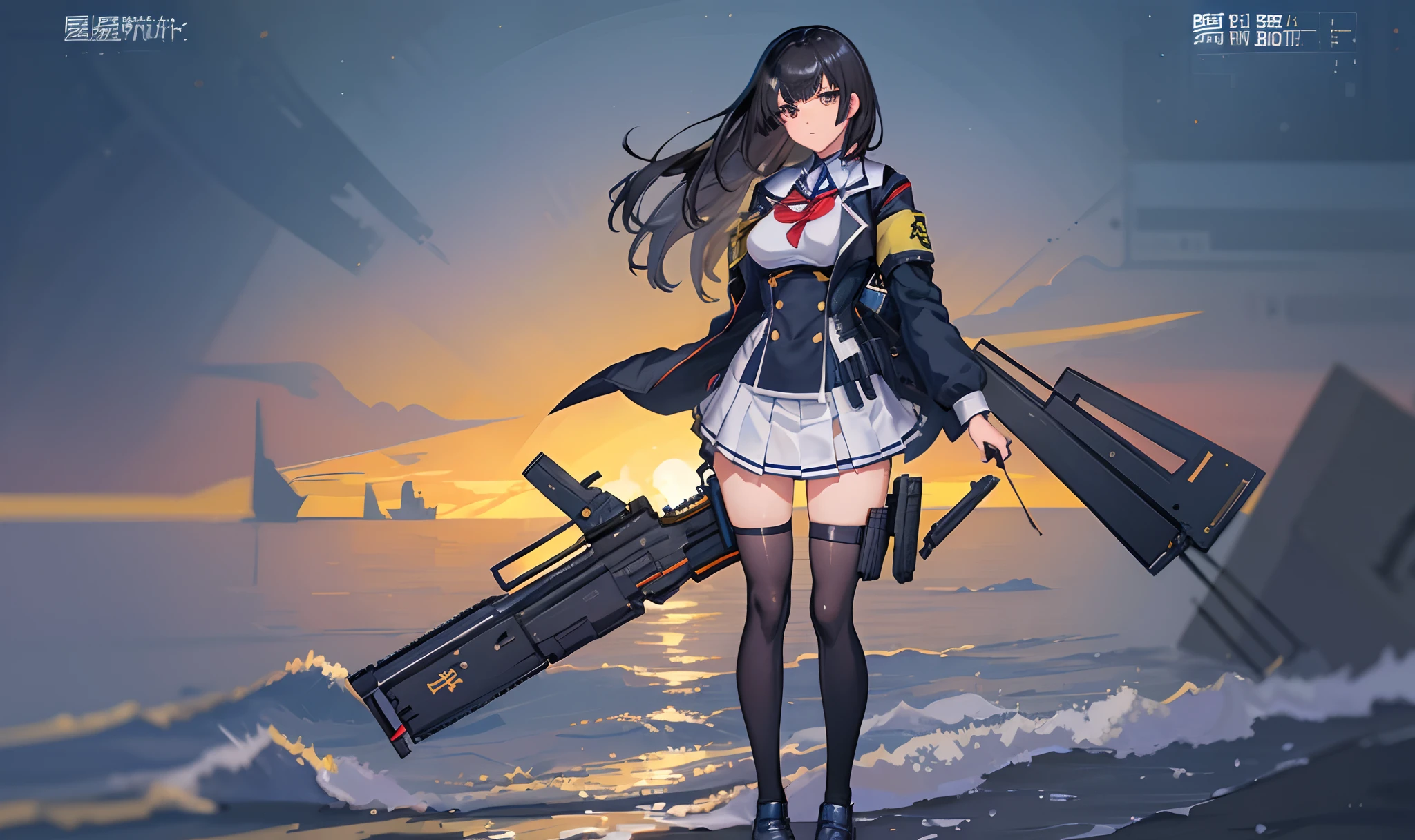 a masterpiece of,(perfect anatomia:1.4), best qualtiy, high_resolution, Fine details, highly detailed and beautiful, Distinct_image, (solo women), ,(huge-breasted), thighhigh,Long Black Hair,Anime girl in short skirt and jacket with jacket on shoulder, Fine details. girls' frontline, girls frontline style, from girls frontline, girls frontline cg, anime full body illustration, Realistic , marin kitagawa fanart, girls frontline universe, girls' frontline, a hyperrealistic , full-body xianxia