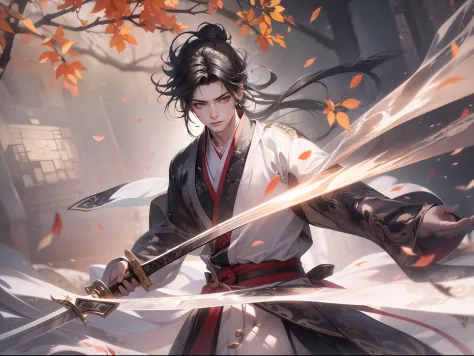 (a teenager male swings a Chinese sword),(handsome male), (hanfu), ink water surrounded,wind surrounded, reality, clear face, cl...