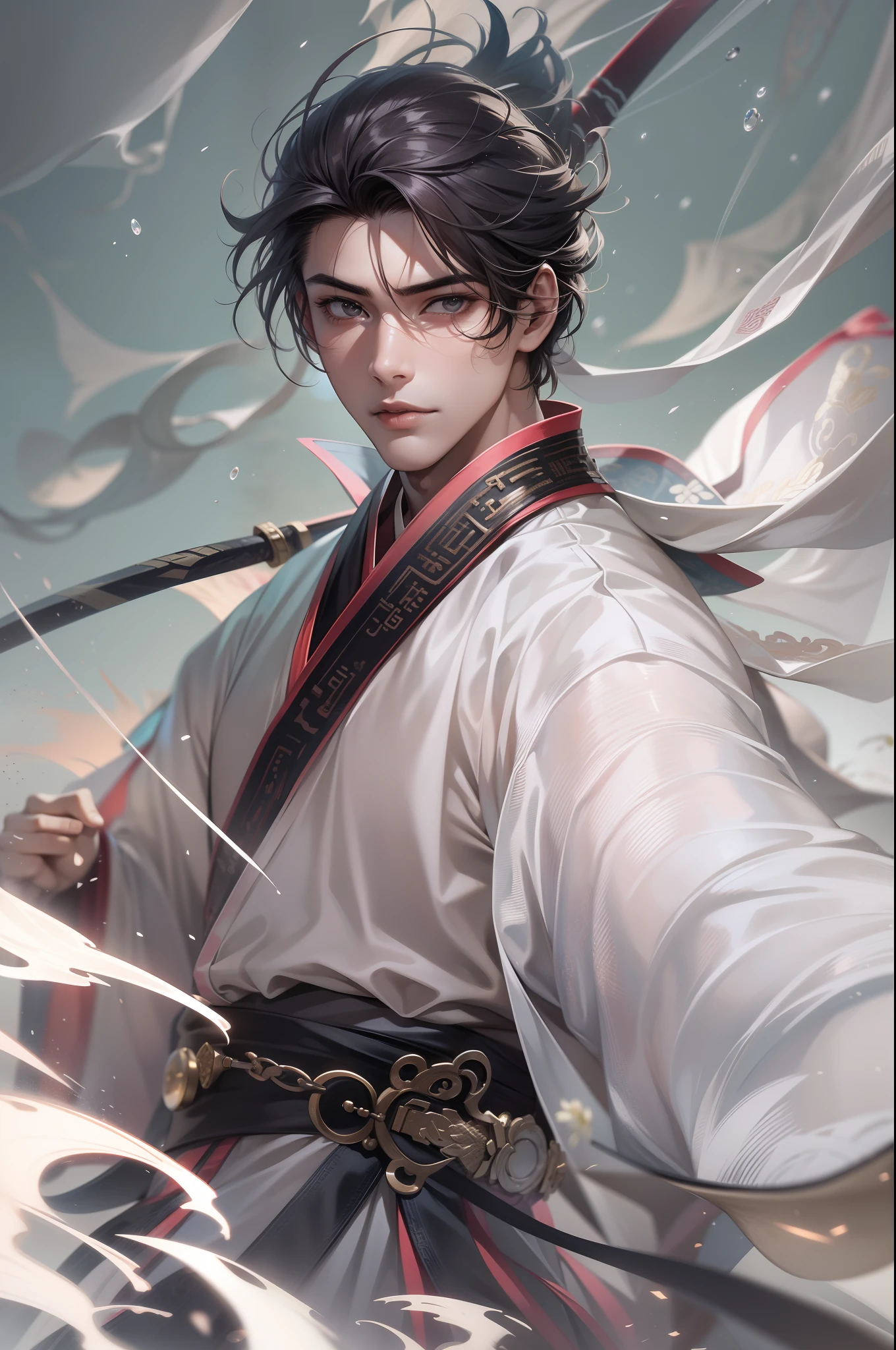 (a teenager male swings a Chinese sword),(handsome male), (hanfu), ink water surrounded,wind surrounded, reality, clear face, clear and bright eyes, high detail, cinematic lighting, motion blur, ray tracing, reflection light, (close-up), masterpiece, best quality, high quality, anatomically correct, textured skin, high details, super detail, 1080P, UHD, HD