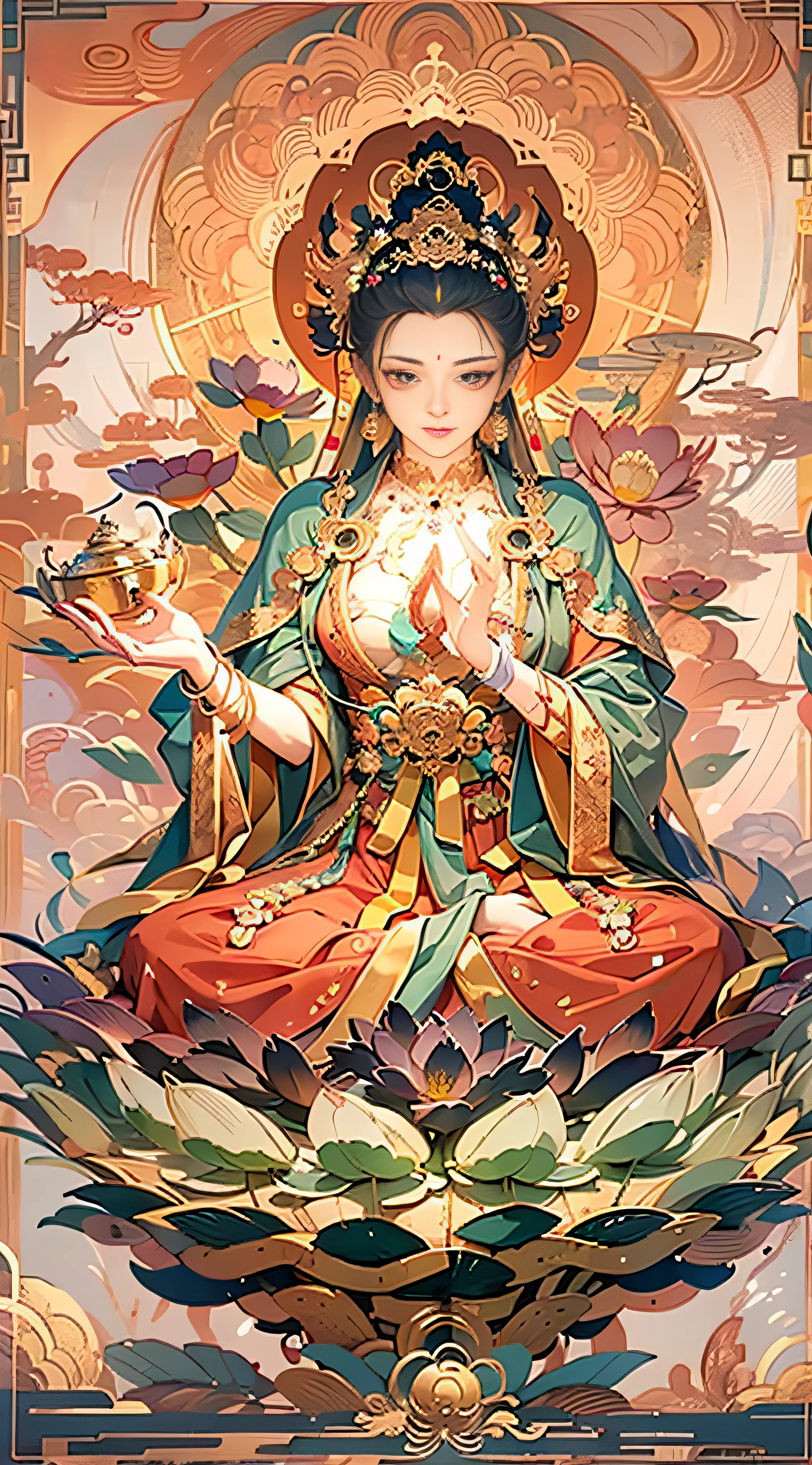 （Chinese immortals）, （Buddhism）, Multip_Handythological stories）, （bodhisattva）, She sits on a lotus, （Three hands on the left，Three hands on the right, Each hand holds a different Buddhist vessel, left right symmetry），（Delicate and beautiful face）, （White silk robe）sitting on a lotus flower, Frontal photo，Light smile, neo-classical, OP Art, Chiaroscuro, Cinematic lighting, god light, Ray tracing, character sheets, projected inset, first person perspective, hyper HD, Masterpiece, ccurate, Textured skin, Super detail, High details, High quality, Award-Awarded, Best quality, A high resolution, 8K