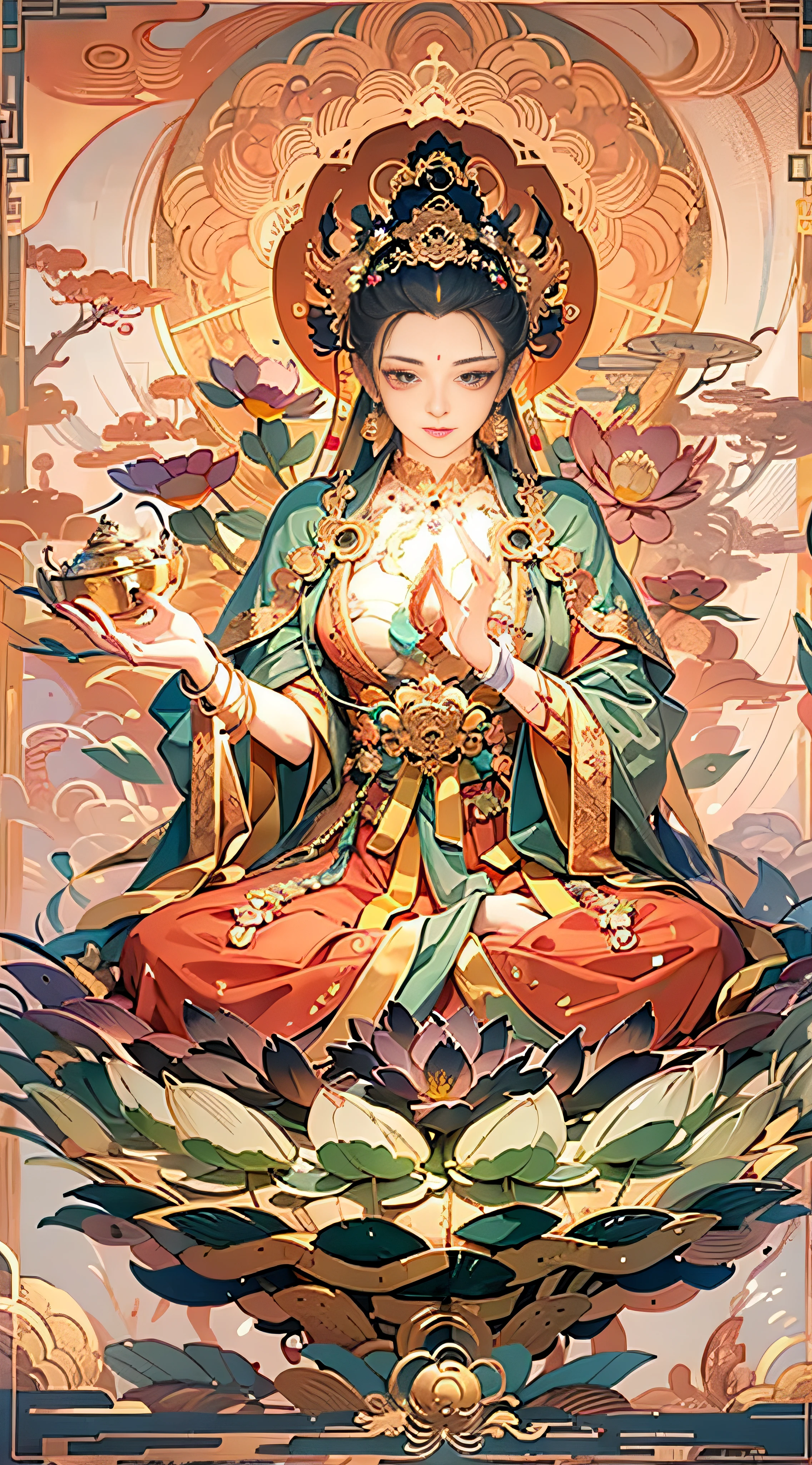 （Chinese immortals）, （Buddhism）, Multip_Hands，（mythological stories）, （bodhisattva）, She sits on a lotus, （Three hands on the left，Three hands on the right, Each hand holds a different Buddhist vessel, left right symmetry），（Delicate and beautiful face）, （White silk robe）sitting on a lotus flower, Frontal photo，Light smile, neo-classical, OP Art, Chiaroscuro, Cinematic lighting, god light, Ray tracing, character sheets, projected inset, first person perspective, hyper HD, Masterpiece, ccurate, Textured skin, Super detail, High details, High quality, Award-Awarded, Best quality, A high resolution, 8K