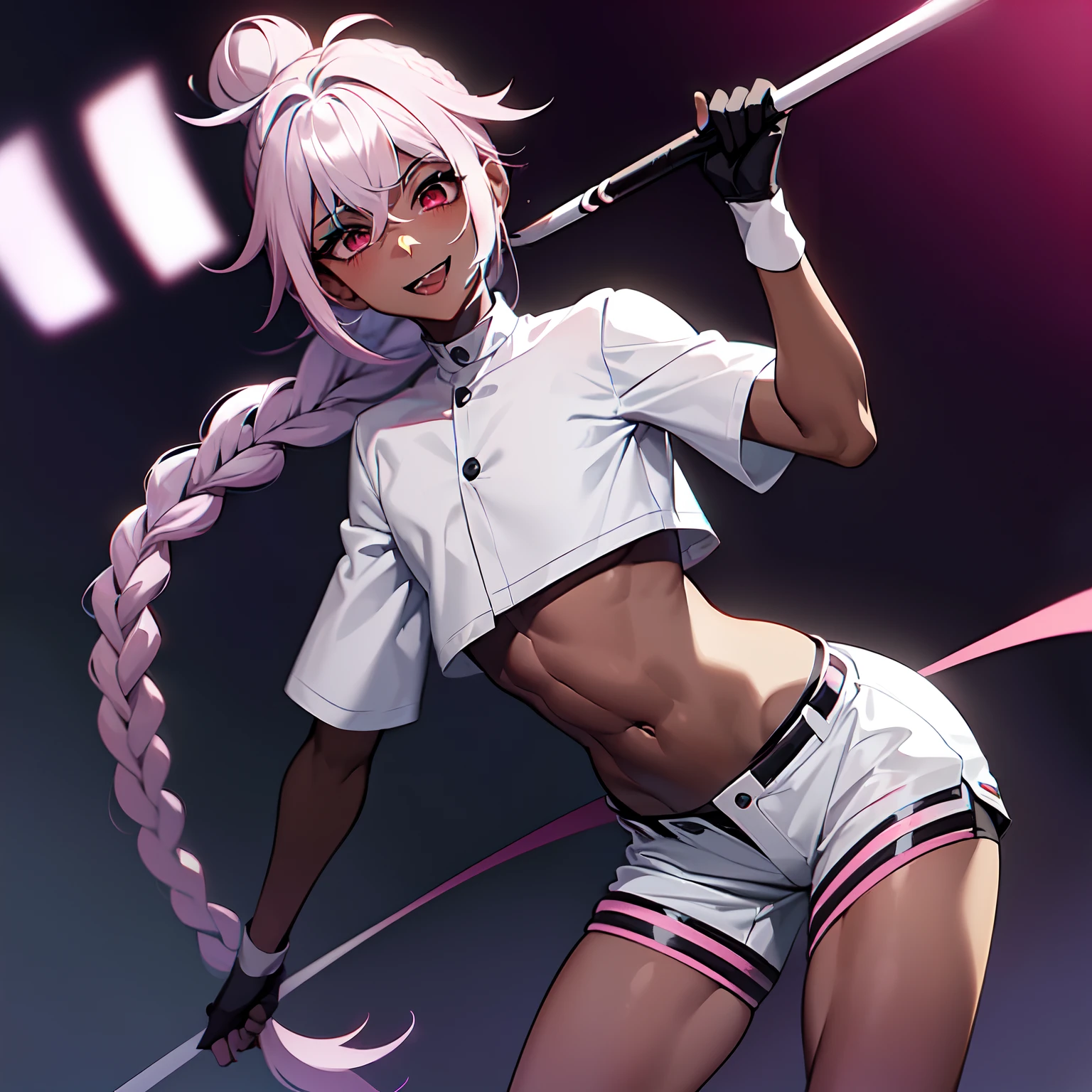 ((anime boy )), ((androgynous)),((Dark Skin)), ((long white hair  with pink streaks)),(( hair Styled  into a Bun and braided ponytail )),((Red eyes)) , (Tall),(thin, average hips),(White half jacket), ((hot pink  Crop top)) ,(Skimpy white shorts) ,  evil aura, crazy smile , ((Pop Idol)) , ((yandere: 1.5)), ((Masterpiece)), High Aesthetic, ((high quality )),((1boy, Solo))