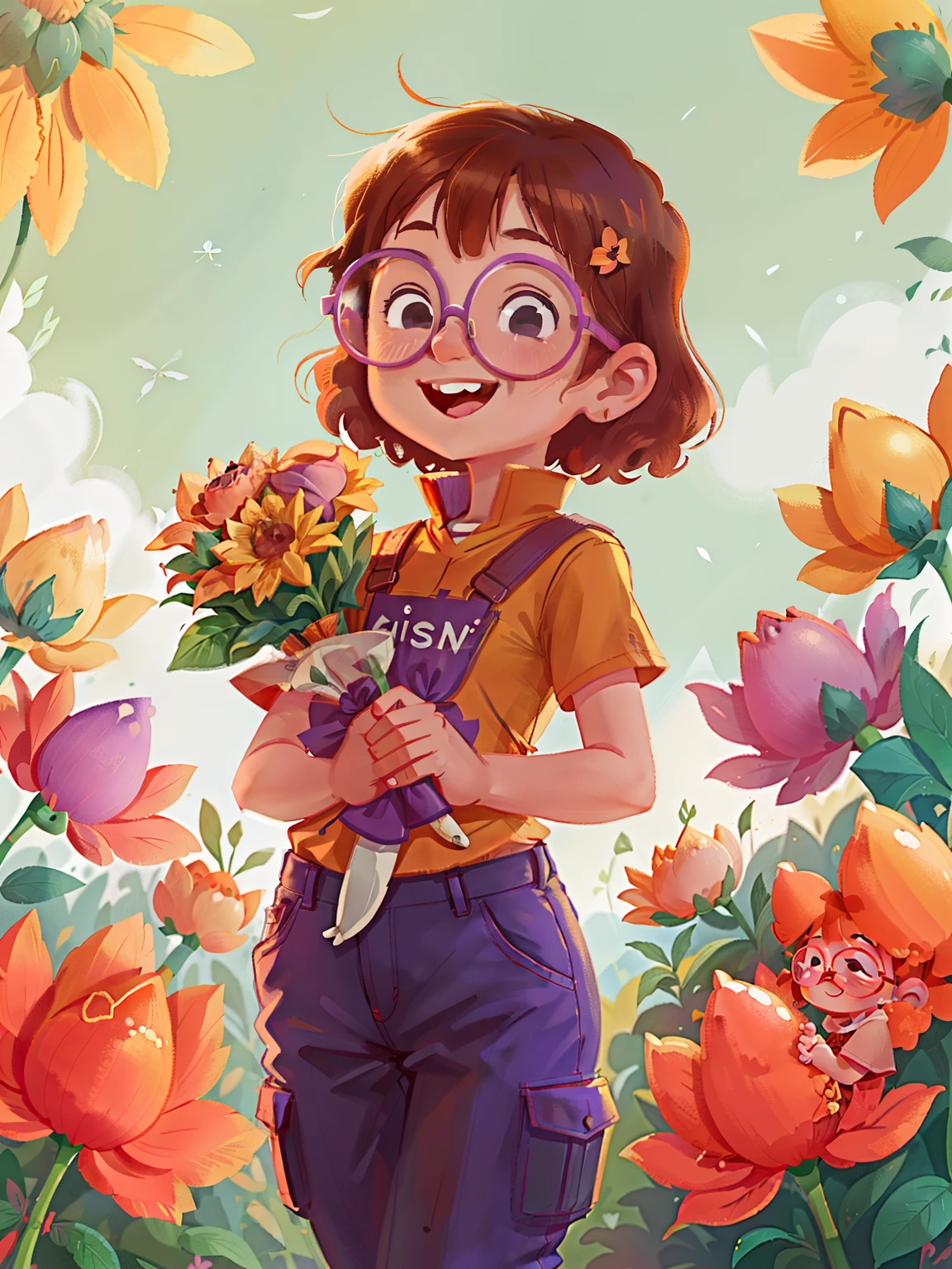 A girl with short hair，Orange glasses，Wear shirts and trousers，Little rabbit teeth，Happy smile，Holding a bouquet of orange champagne roses，In a sea of flowers of purple lavender，Have fun，Convivial atmosphere，Sunny，tmasterpiece，Ridily details，Ultra-wide lens