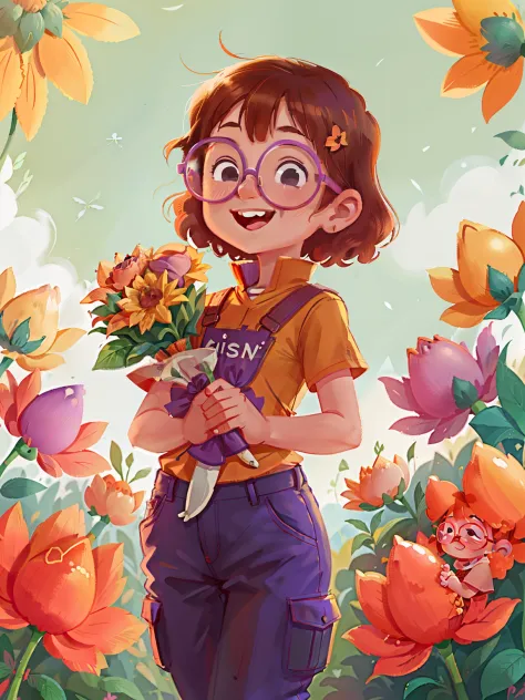 A girl with short hair，Orange glasses，Wear shirts and trousers，Little rabbit teeth，Happy smile，Holding a bouquet of orange champ...