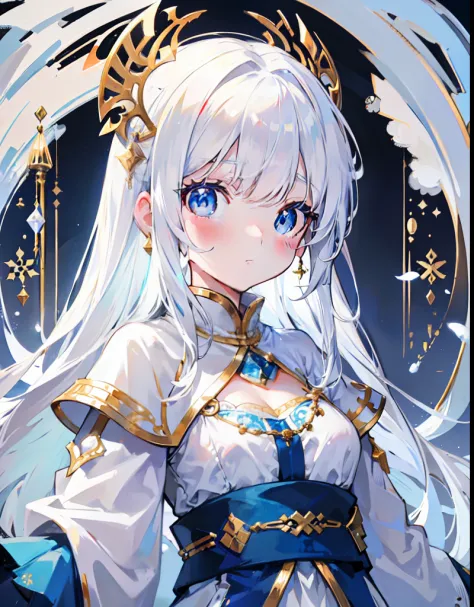 Her long snow-white hair looks milky，Poor breasts, flatchest, Small breasts，Wear white clothes that match light sky blue，And decorated with gold ornaments，Clothes are not exposed，The little girl who looks very cute on the whole，It is a loli-type cute girl
