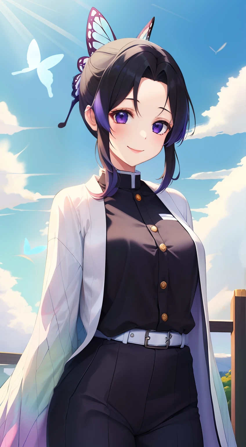 ​masterpiece, top-quality, Hi-Res, 1girl in, 独奏, kochou shinobu, butterfly hair ornament, a purple eye, O cabelo multicolorido, shorth hair, partedbangs, Black pants, Black jacket, long-sleeve, a belt, cowboy  shot,Blue Higan Flower、A smile、japanes、a picture、」cute little