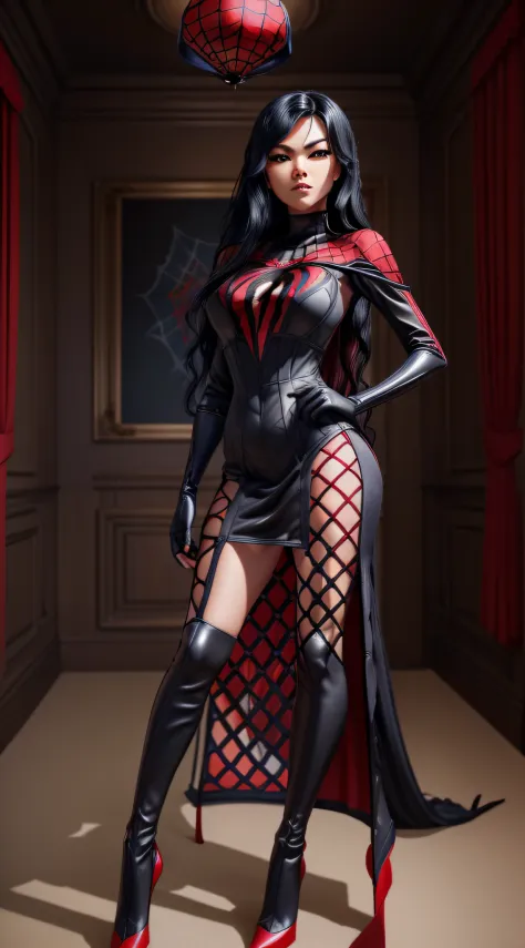 Cindy Moon, Silk, in a bedroom, flirting, wears a (black spider-man fishnet_dress), suit includes a (red spider emblem) on the chest, (long black hair), (full body render), (full body view), fine detail, hyper realistic, HD, 4K, definition, texture, perfec...
