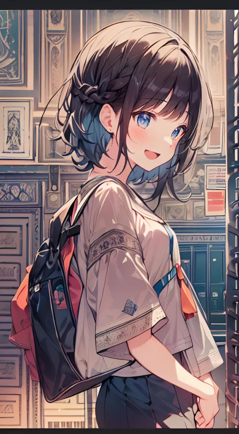 masutepiece, Best Quality,Illustration, Wallpaper, Ultra Detail, 1girl in,Solo,Beautiful detailed eyes,Very thick contour lines、Medium Short-Cut Hair、Short, Braided hair、(student clothes)、Dark hair color、Open mouth and big smile、Kamimei、Angle from which yo...