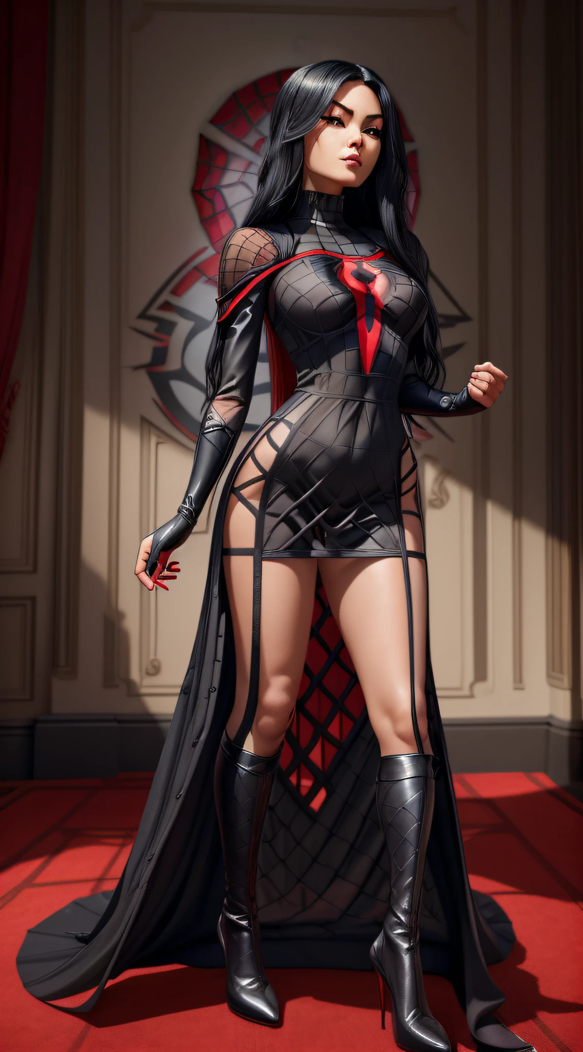 Cindy Moon, Silk, in a bedroom, flirting, wears a (black spider-man fishnet_dress), suit includes a (red spider emblem) on the chest, (long black hair), (full body render), (full body view), fine detail, hyper realistic, HD, 4K, definition, texture, perfect detail, perfect face, beautiful, hyperrealism, trending on artstation