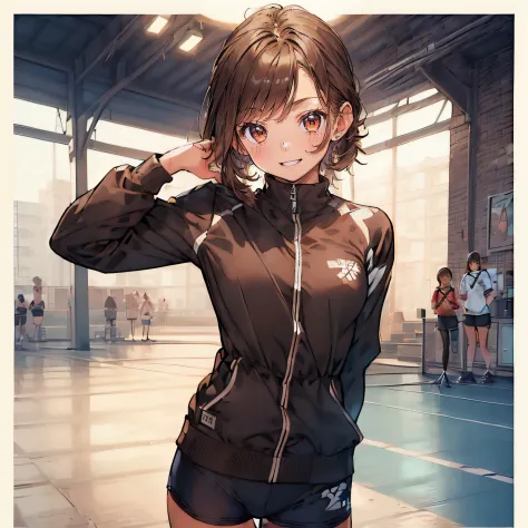 ((masterpiece)), (1 girl:2.0), (face extremely detailed, smiling), short haircut, brown hair, petite, (thin build), (a japanese ...