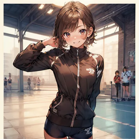 ((masterpiece)), (1 girl:2.0), (face extremely detailed, smiling), short haircut, brown hair, petite, (thin build), (a japanese ...