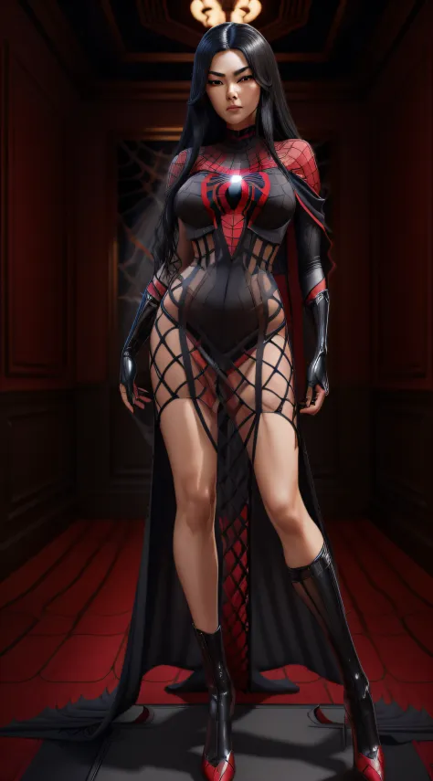 Cindy Moon, Silk, in a bedroom, flirting, wears a (black spider-man fishnet_dress), suit includes a (red spider emblem) on the chest, (long black hair), (full body render), (full body view), fine detail, hyper realistic, HD, 4K, definition, texture, perfec...