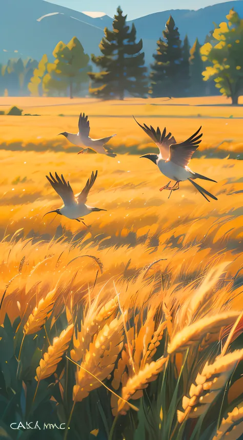 suns，wheat，two small birds fly，macro shot，miniatures