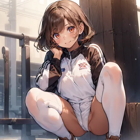 ((masterpiece)), (1 girl:2.0), (face extremely detailed, smiling), short haircut, brown hair, petite, (thin build), (a Japanese girl), ((Member of track and field team, long distance runner)), slightly round face, (tanned brown face:1.6), cute, big eyes, n...