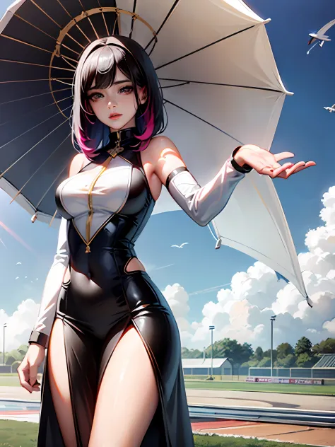 Unreal Engine 5 Realistic Rendering, cosplayer, Race Queen、Uniform with logo、 ((Giant circuit parasol)), Exquisite beauty、Beauti...