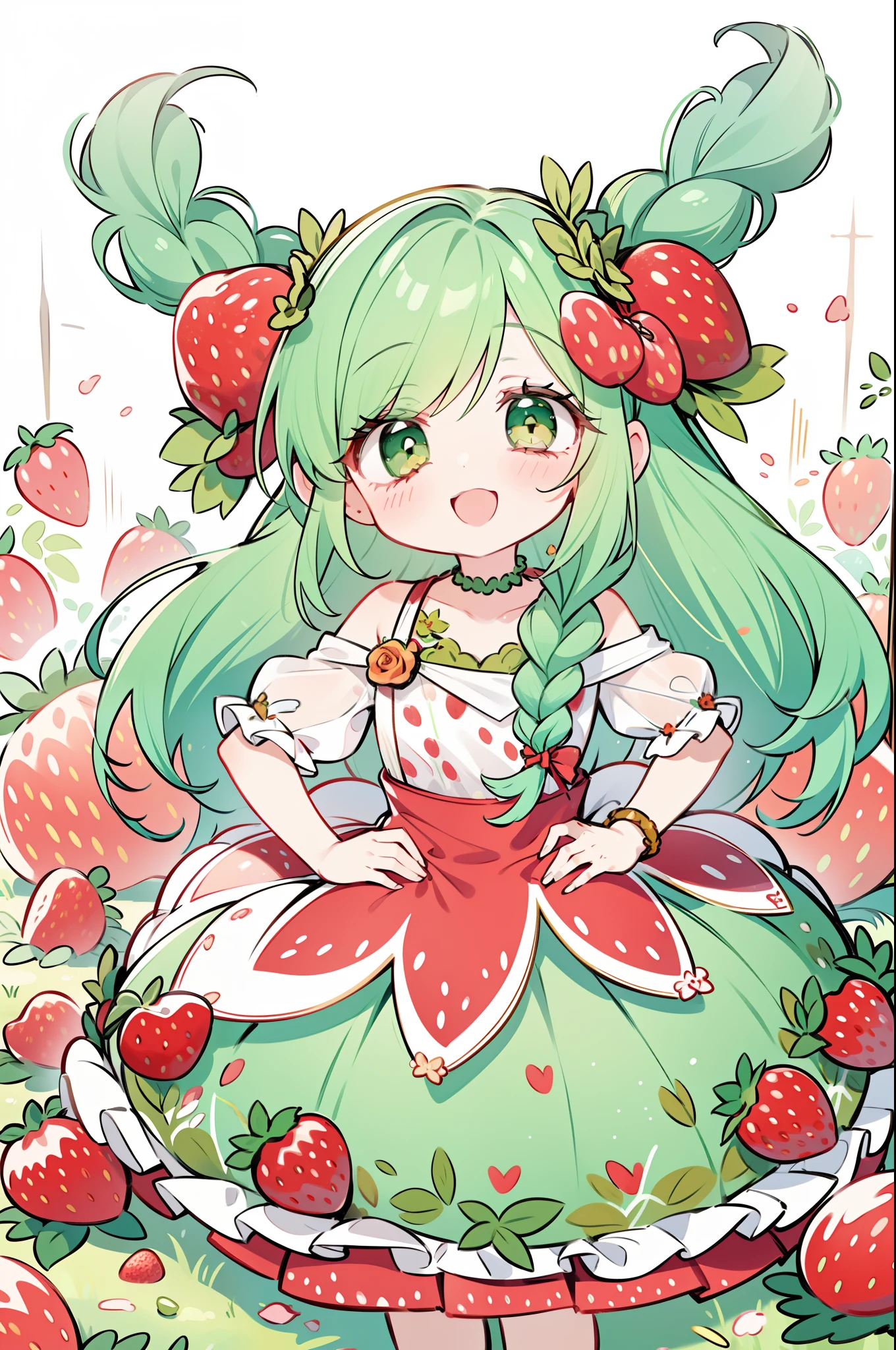 1girl, wearing a (rose print) dress, in a ((strawberry field)), happy and smiling, mythical world with giant fruit  🍓, foamy teal light muted color palette🎨, hands in hips, energetic, fashion dress, fruits, long hair in braids, foam green hair