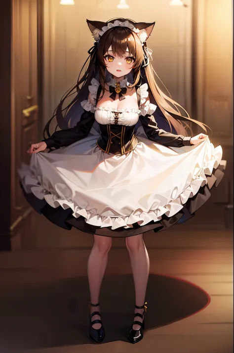 "long brown hair, cat ears, yellow eyes, medium breasts, full body, transparent background, maid dress, standing"