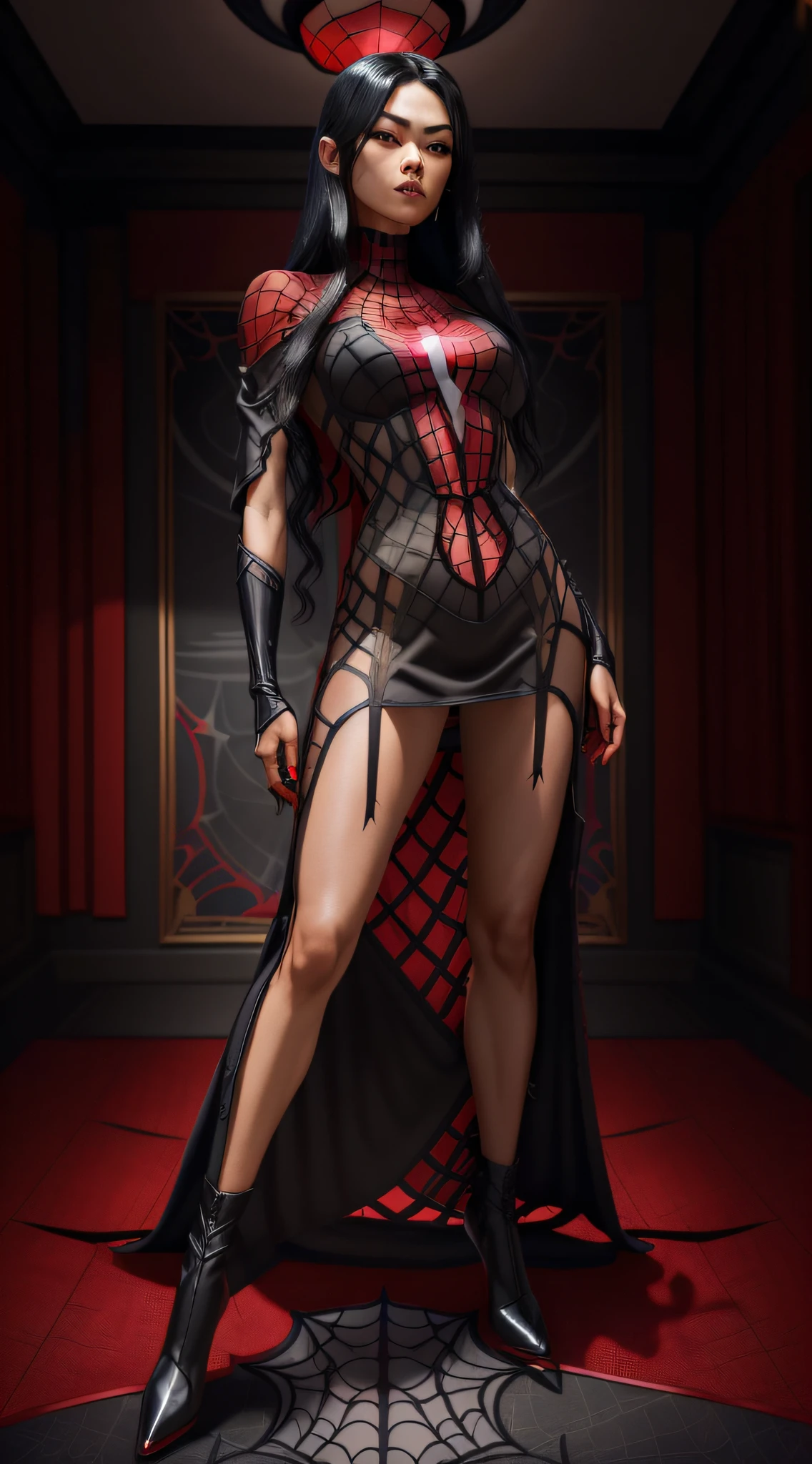 Cindy Moon, Seide, in einem Schlafzimmer, Flirten, trägt ein (schwarzer Spider-Man-Fischnetz_Kleid), Anzug beinhaltet eine (rotes Spinnenemblem) Auf der Brust, (langes schwarzes Haar), (Ganzkörper-Rendering), (Ganzkörperansicht), Feines Detail, Hyperrealistisch, HD, 4K, Definition, Textur, Perfekte Details, perfektes Gesicht, Schön, Hyperrealismus, Trends auf ArtStation