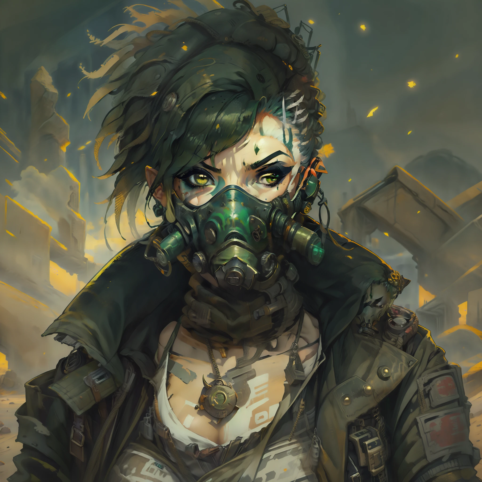 female with short shaved swamp green hair, wearing eyepatch, villain, wearing casual desert punk clothing, has lower lip stud piercings, muscular, wearing gas mask