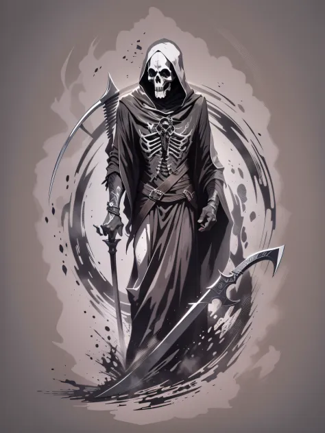 printable t-shirt vector of image of death with a scythe in his hand dark style, drawn art style image, image with white background, black and white toned image