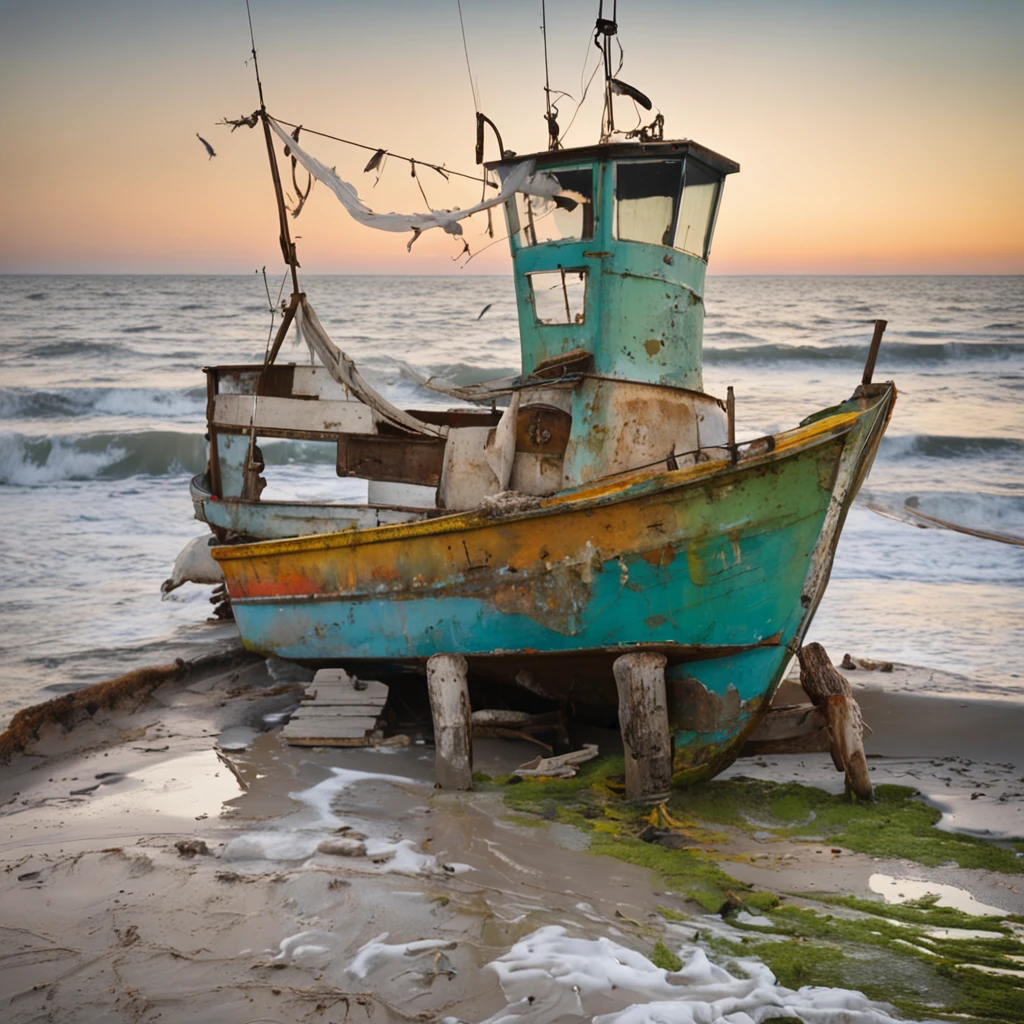 A fishing boat, wooden, old, weathered, anchor dropped - SeaArt AI