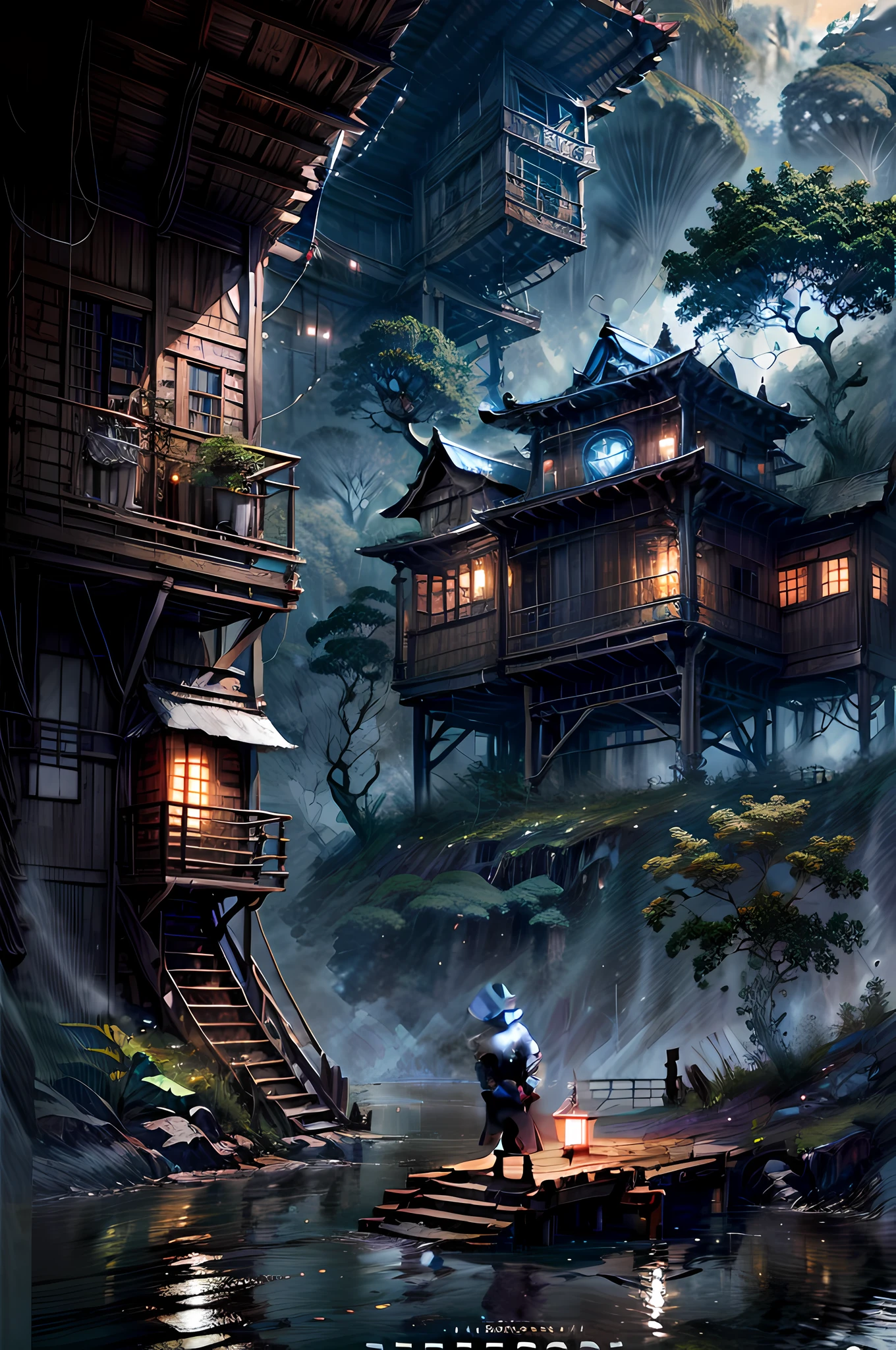 official art, unity 8k wallpaper, ultra detailed, beautiful and aesthetic, masterpiece, best quality, atmospheric, modernism oil painting, tree-top village, room light,