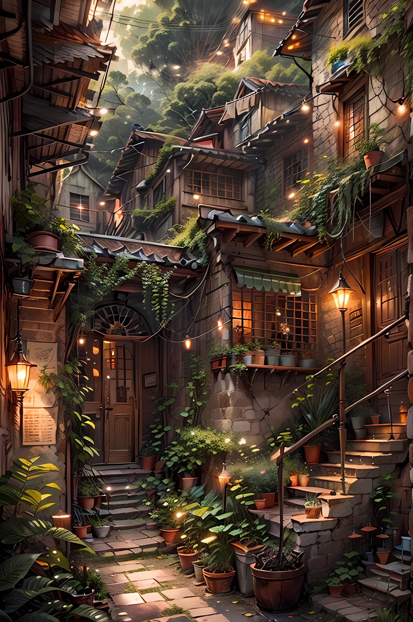 official art, U indoors，Transverse，pergaminhos，nity 8k wallpaper, ultra detailed, beautiful and aesthetic, masterpiece, best quality, atmospheric, modernism oil painting, tree-top village, room light,