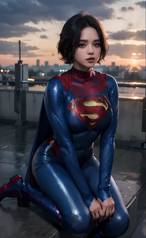 1girl, (twilight), short hair, 
(looking at viewer,( lip biting )), supergirl, cityscape, (flying),blue sky,cloud,parted lips,bl...