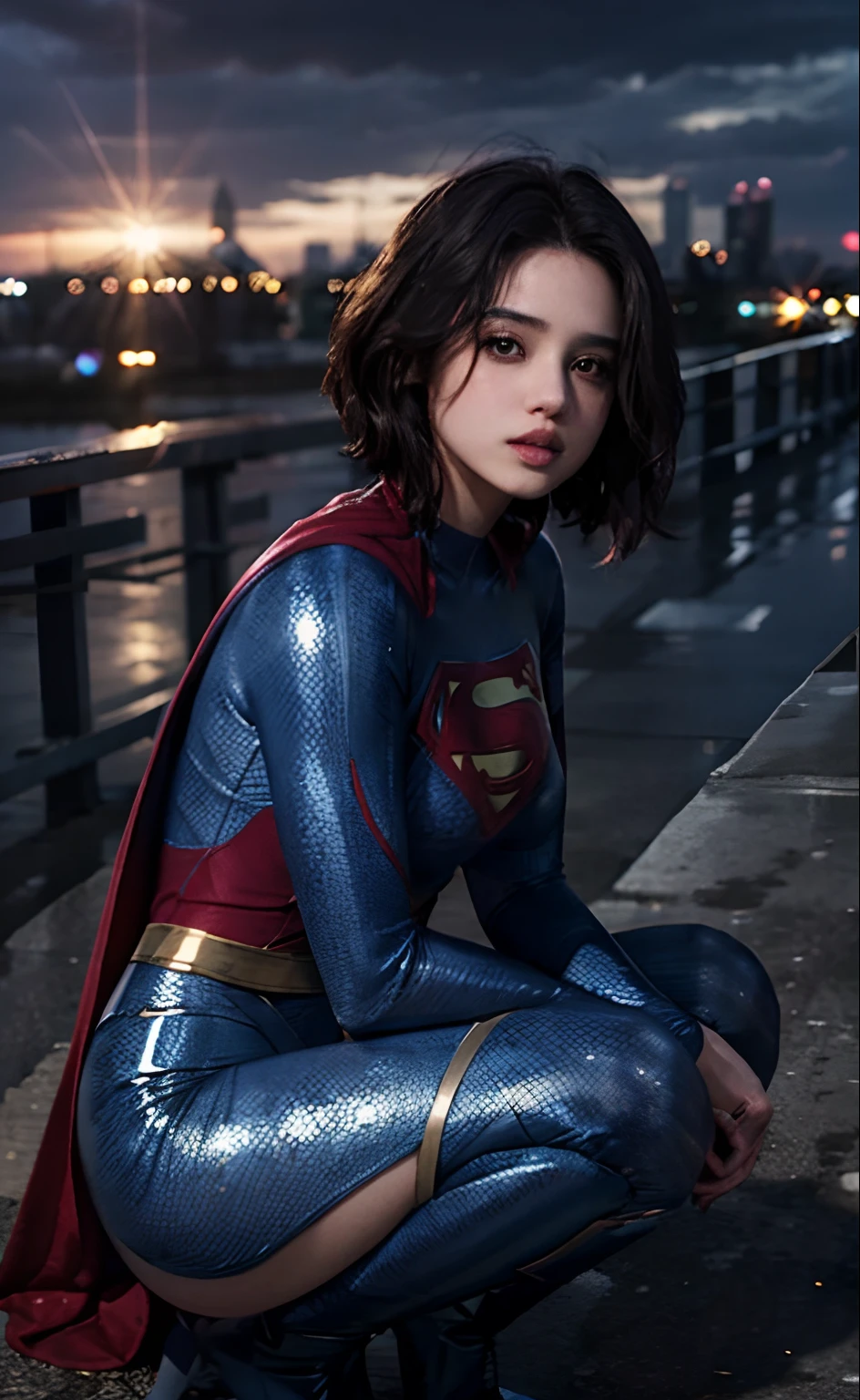 1girl, (twilight), short hair, 
(looking at viewer,( lip biting )), supergirl, cityscape, (flying),blue sky,cloud,parted lips,blue tights and boots,
intricate details,highly detailed,shiny hair,shiny skin,8k resolution,( full body)