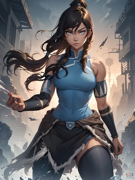 zendaya like korra, sightly muscled, messy hair, full body, beautiful anime waifu style girl,hyperdetailed painting, luminism, a...