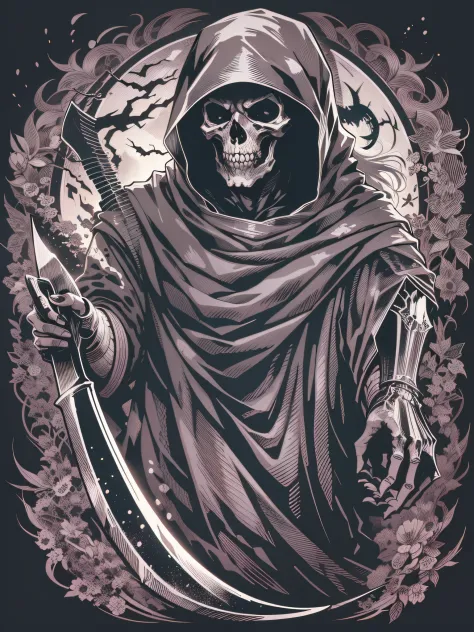 printable t-shirt vector of image of death with a scythe in his hand dark style, drawn art style image, image with white background, black and white toned image