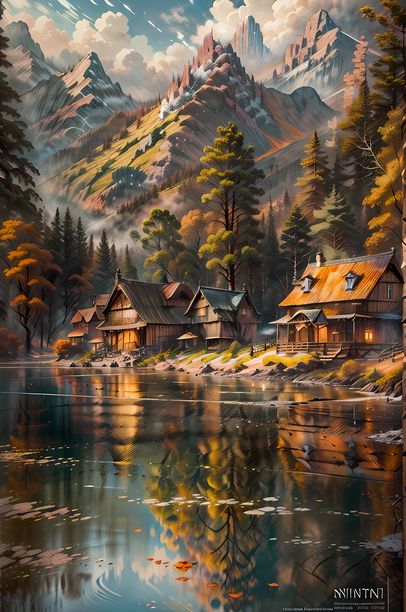 offcial art,Mountains，mountain peaks，lake，Transverse，pergaminhos，Niti 8K wallpaper, Ultra detailed, Beautiful and aesthetic, Masterpiece, Best quality, Atmospheric, Modernist oil painting, Treetop Village, Indoor light,