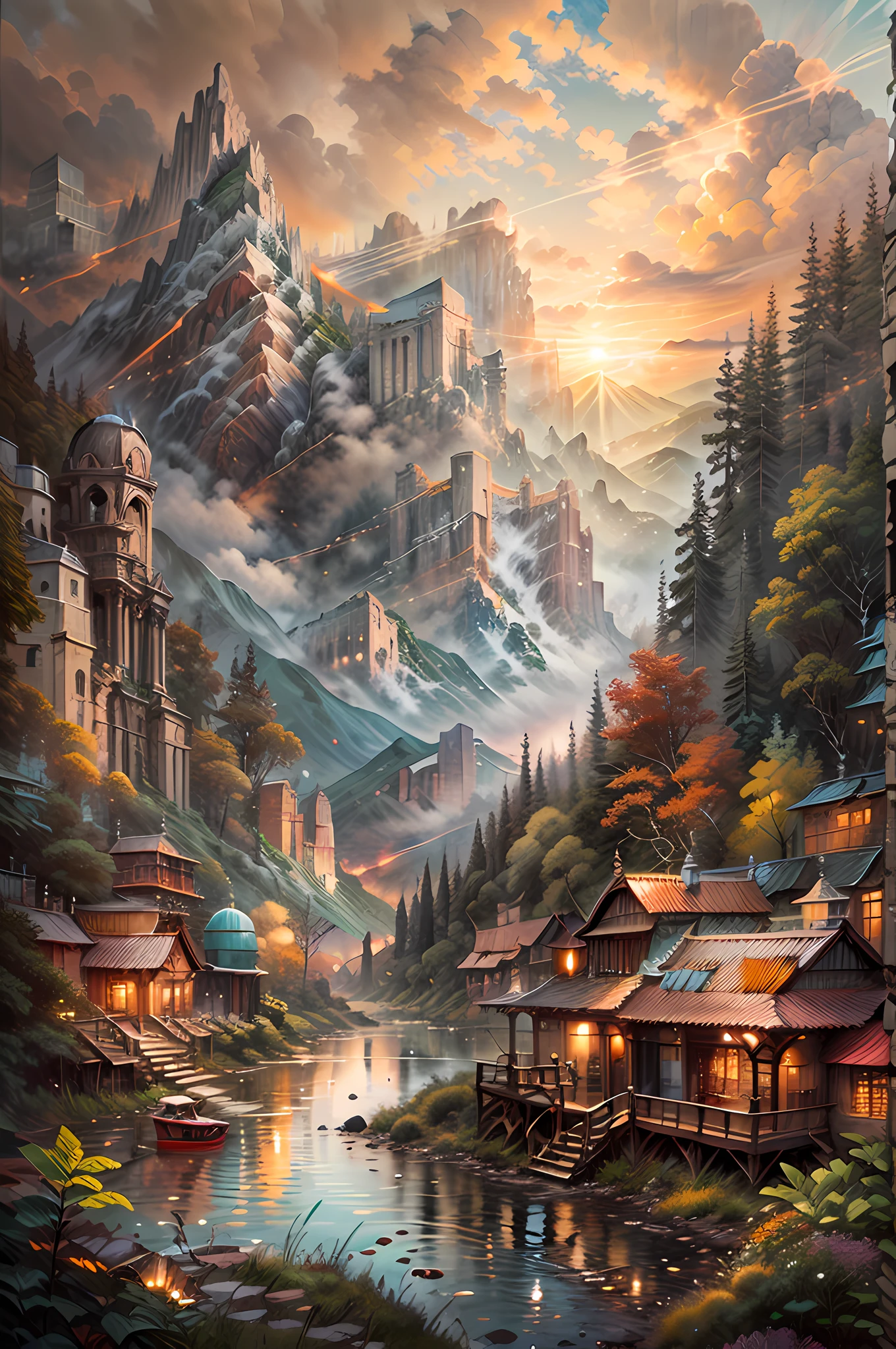 offcial art,Mountains，mountain peaks，lake，Transverse，pergaminhos，Niti 8K wallpaper, Ultra detailed, Beautiful and aesthetic, Masterpiece, Best quality, Atmospheric, Modernist oil painting, Treetop Village, Indoor light,