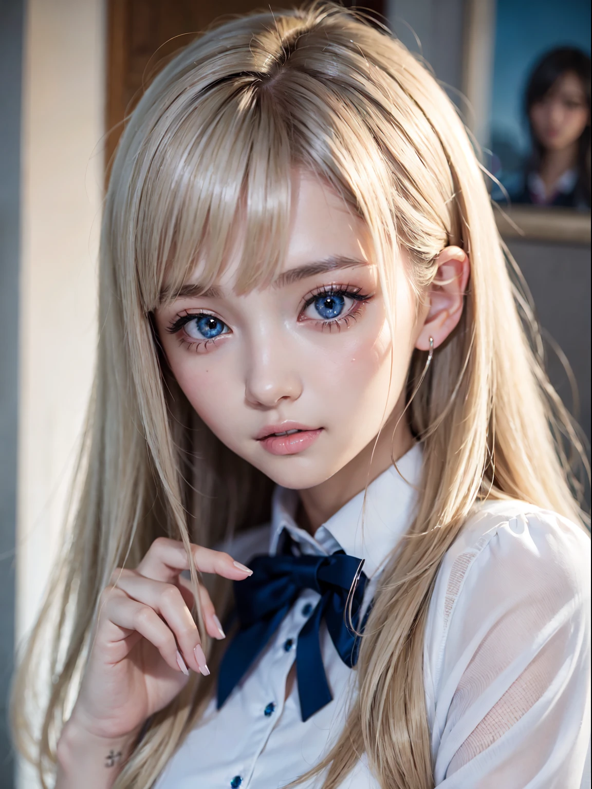 portlate、School Uniforms、bright expression、Young shiny shiny white shiny skin、Best Looks、ultimate beauty girl、Platinum blonde hair with dazzling highlights、shiny light hair,、Super long silky straight hair、Beautiful bangs that shine、Glowing crystal clear attractive blue eyes、Very beautiful nice cute 16 year old girl、Lush bust