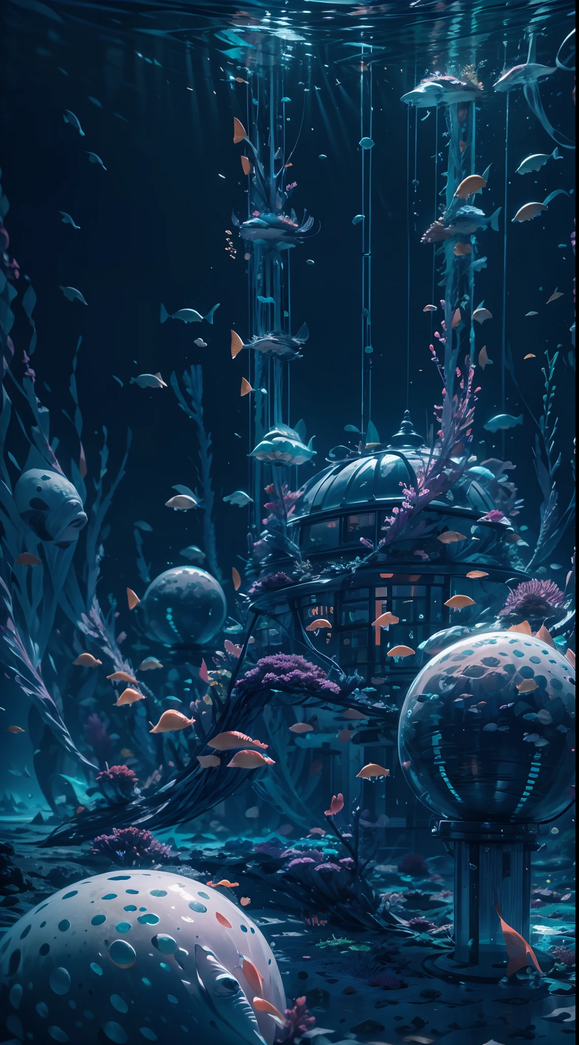 an underwater city,{glowing neon lights}, (seabed:1.3), (abyssal:1.4), (Mysterious civilization),(jellyfish:0.4),(Anglerfish:0.3),(Undersea trenches:0.5), (Bubble:0.6), Dynamic pose,(Close-up Shot Shot:1.3) absurderes,  unbelievable Ridiculous, hugefilesize , Ultra-detailed, A high resolution, Extremely detailed, C4D render,