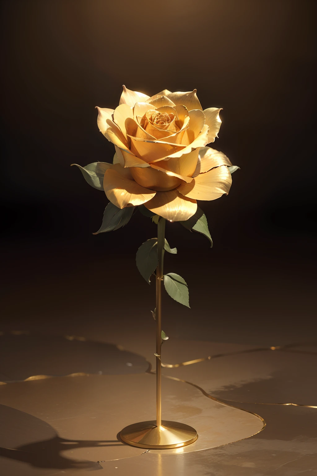 1 full golden all-metal rose，metalictexture，All metals，gold parts，Reflectoraterial of metal，golden flowers，super detailing，Ultra-clear image quality，solid color backdrop，