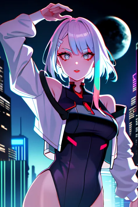 lucy \(cyberpunk\), 1girl, arm up, bangs, blue hair, colored tips, full moon, grey eyes, jacket, long sleeves, looking at viewer...