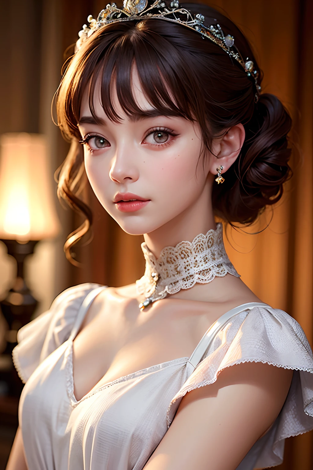 top-quality、GameCG、1girl、​masterpiece、top-quality、8K、detailed skin textures、Detailed Cloth Texture、beautifull detailed face、intricate-detail、ultra-detailliert、Audrey hepburn、Straight brown hair、(A half body:1.2)