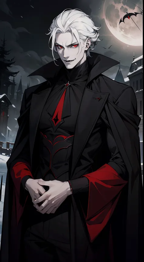 Vampires wear long black coats，Red eyes are his most striking feature，There seemed to be an evil aura hidden in his smile，His sk...