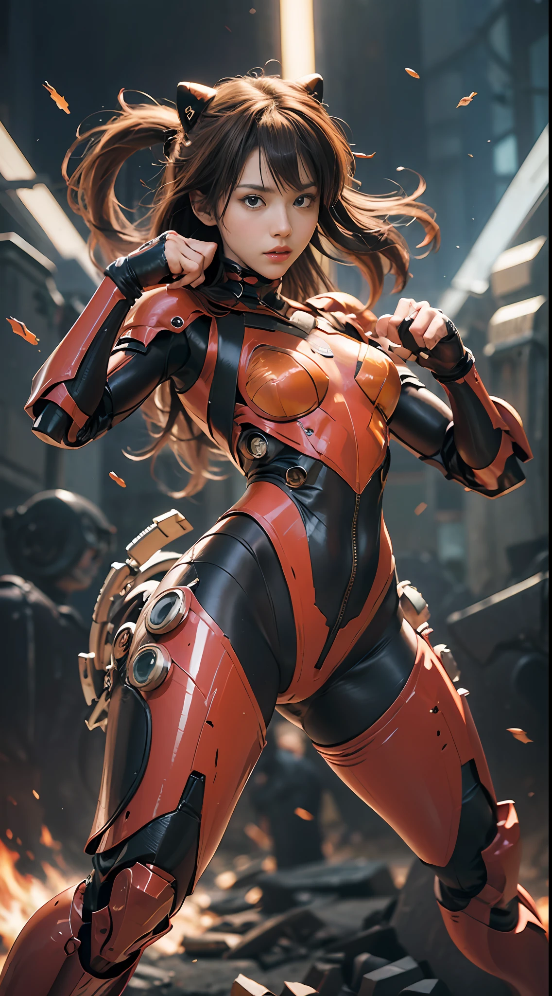 （tmasterpiece，），（best qualtiy），photorealestic，Realistis，ultra - detailed，s the perfect face，Perfect body，1 rapariga，beuaty girl，Girl in full body armor，robotic hand，Hedgehog mechanical armor，Hedgehog exoskeleton,Combat posture, fighter pose, fightingpose, actionpose, battle action pose, anime pose, dramatic action pose, in a fighting pose, confident action pose, Cool pose, posing for a fight, posing ready for a fight, The bad guys shoot the whole body，super wide shot