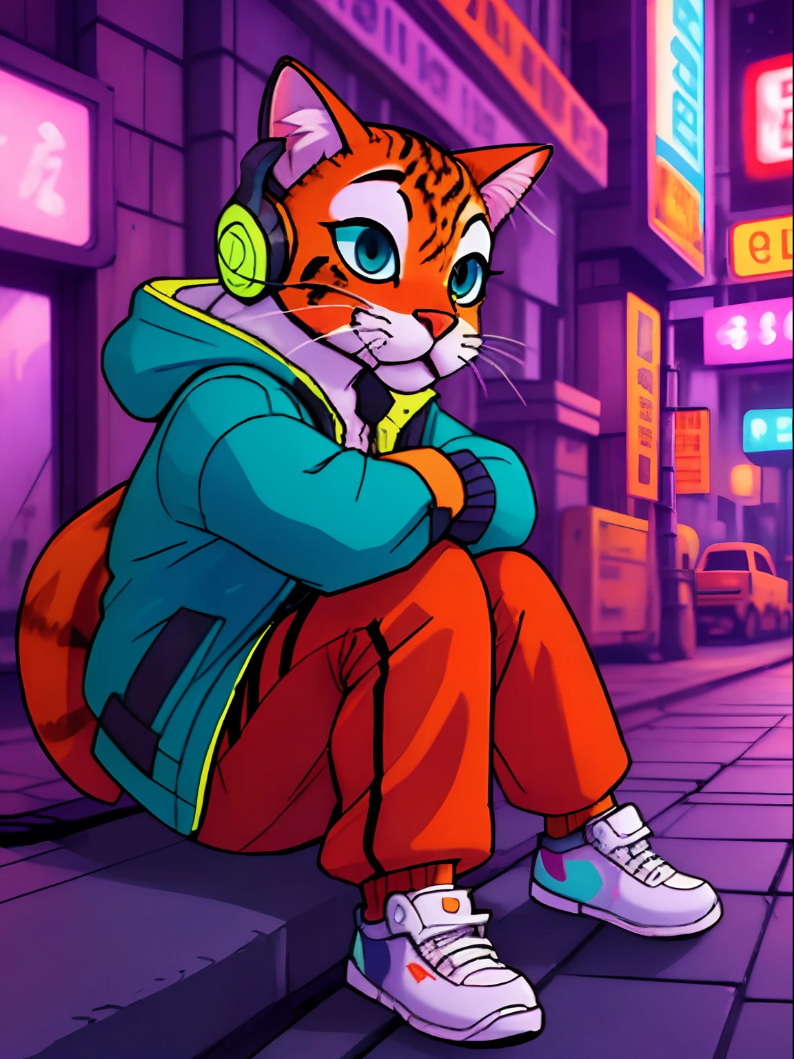 An anthropomorphic cat with headphones and a jacket is sitting in the middle of a road, Cyberpunk and post-Soviet modernism-themed style. Close view, neon lights., Arte Pop, Pixar, Three-sided view, UHD, anatomicamente correto, pele texturizada, super detalhe, alta qualidade, 4k