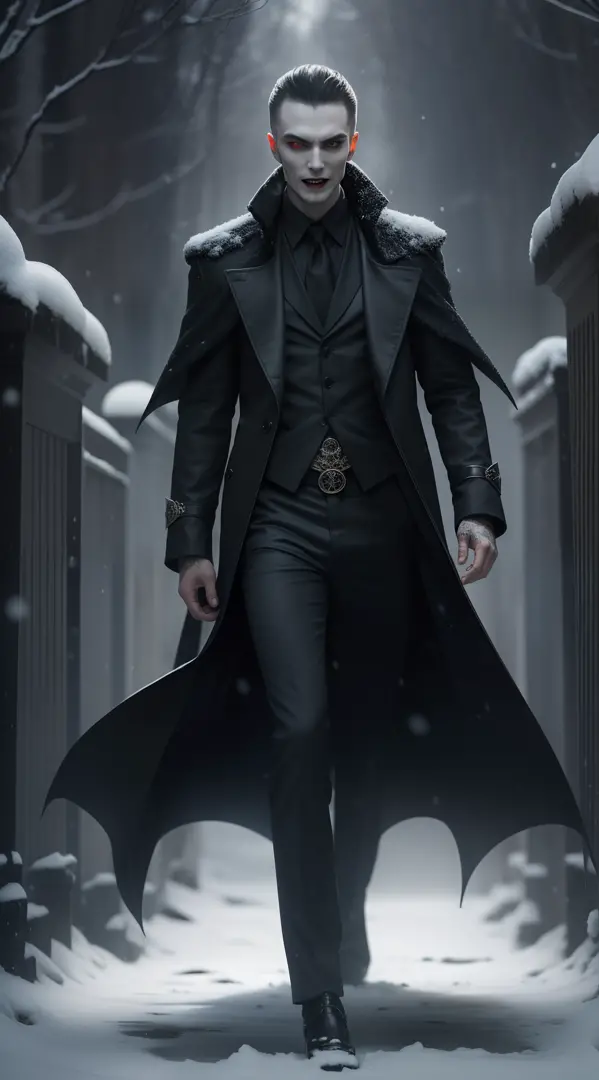 Vampires wear long black coats，Red eyes are his most striking feature，There seemed to be an evil aura hidden in his smile，His skin was as pale as snow，Vampire high heels，It shows a mysterious and majestic atmosphere。