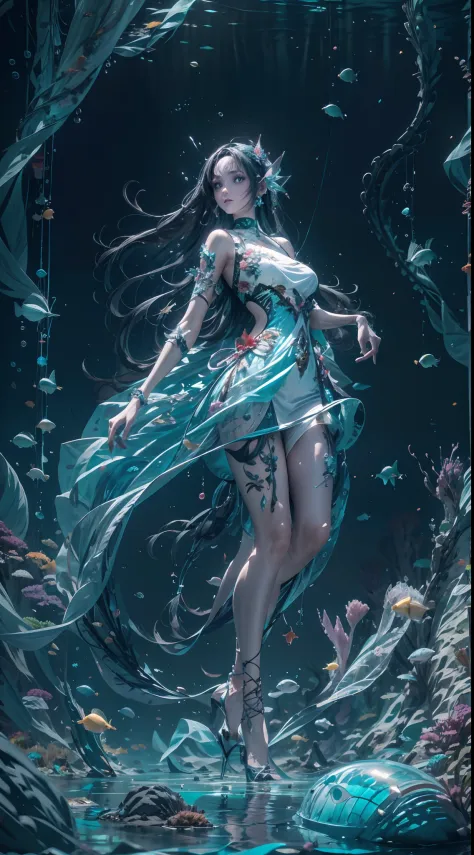 1girll,wearing a dress，fantasy dresses，complex dress，dynamicposes，in the mysterious underwater space，amazing aquatic creatures，w...