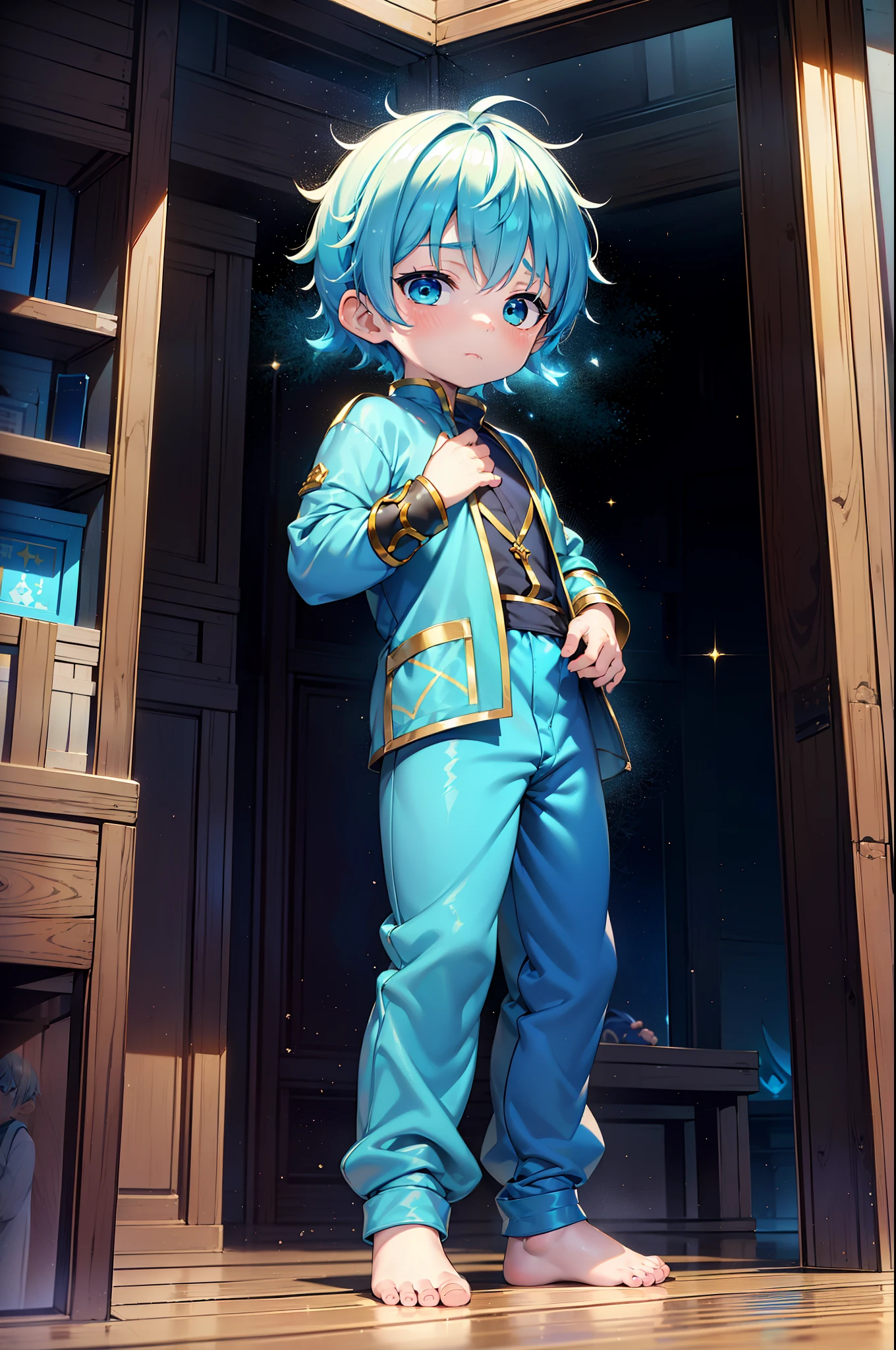 4K, (obra de arte:1), Little Garoto with blue colored hair and shiny, olhos ciano brilhantes e descalço, em pé no campo, épico, cinematic, jovem, Garoto, , pequeno, criança pequena, tiny pés, focus on pés, pés, rubor, (jovem:1.4), (criança:1.4), (Shota:1.4), (macho:1.4), (Garoto:1.4), (roupas divinas:1.4), (épico:1.4), (posando:1.4), (cinematic:1.4),