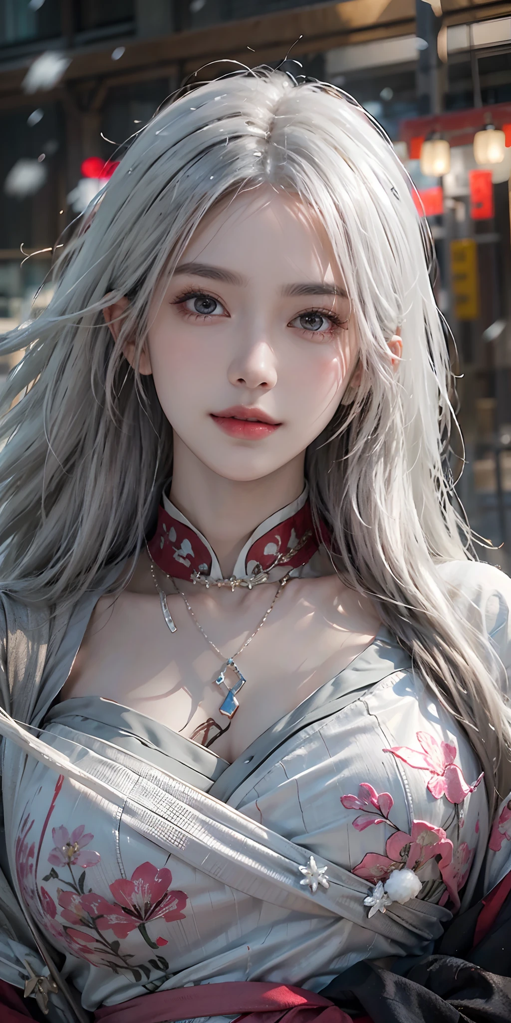 photorealistic, high resolution, soft light,1women, solo, hips up, shining skin, (detailed face),tattoo, jewelry, hanfu, cloak, snow, night, white wavy hair, Beautiful Soldier, Eyes That Invite Viewer, Lover's Perspective, Inviting Expression, Sexy Smile, Perfect Style, Perfect Balance, Detailed Skin, Naughty Gaze, Chest Visible